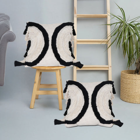 Set Of 2 Tufted Texture Boho Ivory Black Fringe Cushion Cover