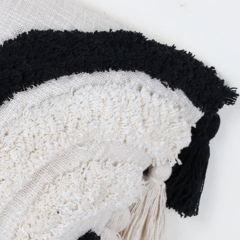 Tufted Texture Boho Ivory and Black Fringe Cushion Cover