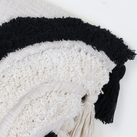 Set Of 2 Tufted Texture Boho Ivory Black Fringe Cushion Cover