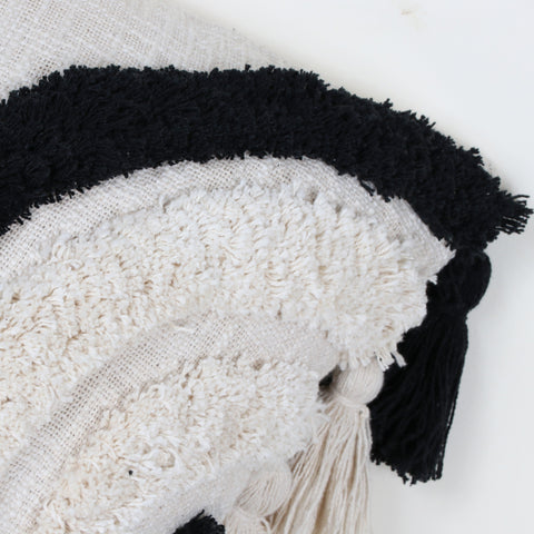 Set Of 2 Tufted Texture Boho Ivory Black Fringe Cushion Cover