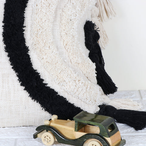 Tufted Texture Boho Ivory and Black Fringe Cushion Cover