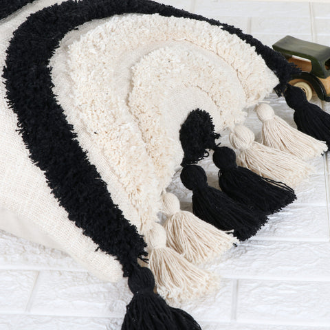 Tufted Texture Boho Ivory and Black Fringe Cushion Cover