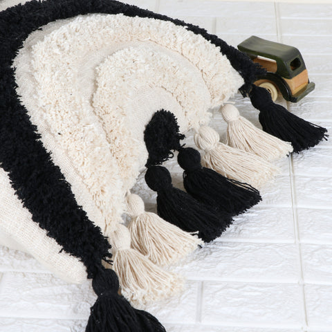 Tufted Texture Boho Ivory and Black Fringe Cushion Cover