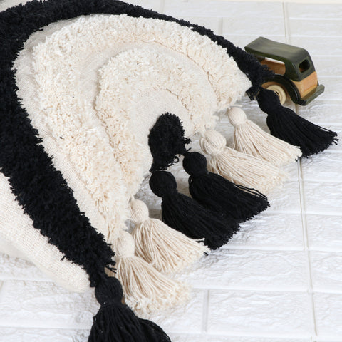 Set Of 2 Tufted Texture Boho Ivory Black Fringe Cushion Cover