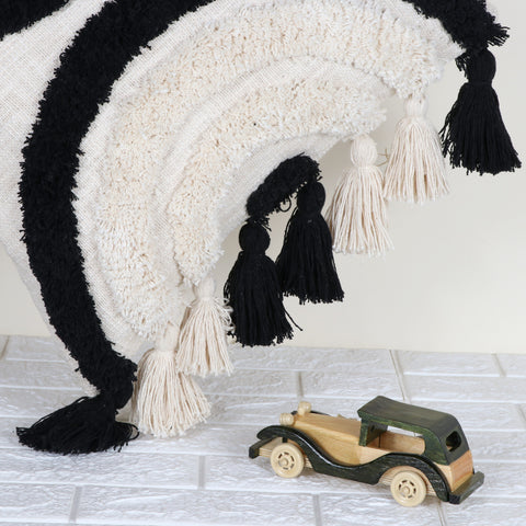 Tufted Texture Boho Ivory and Black Fringe Cushion Cover