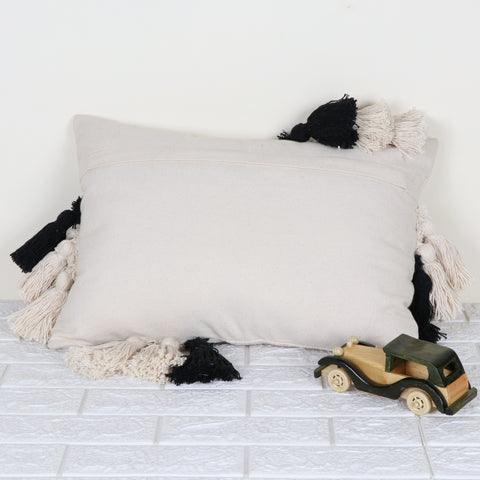 Tufted Texture Boho Ivory and Black Fringe Cushion Cover