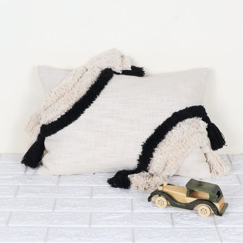 Tufted Texture Boho Ivory and Black Fringe Cushion Cover