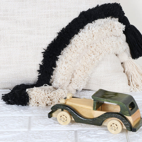 Tufted Texture Boho Ivory and Black Fringe Cushion Cover