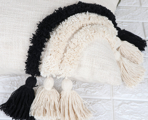 Set Of 2 Tufted Texture Boho Ivory Black Fringe Cushion Cover