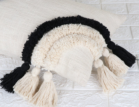 Set Of 2 Tufted Texture Boho Ivory Black Fringe Cushion Cover