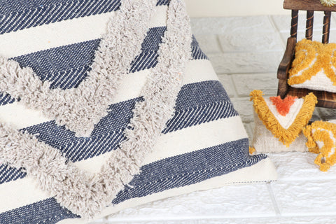 Blue Geomatric Tufted Natural Cotton Cushion Cover