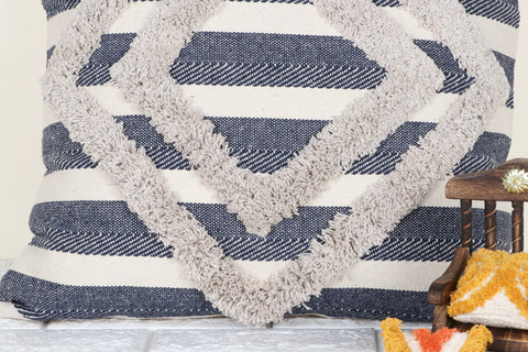 Blue Geomatric Tufted Natural Cotton Cushion Cover