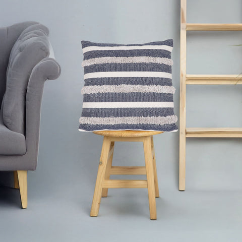 Tufted Texture Boho Blue and Off-White Fringe Cushion Cover