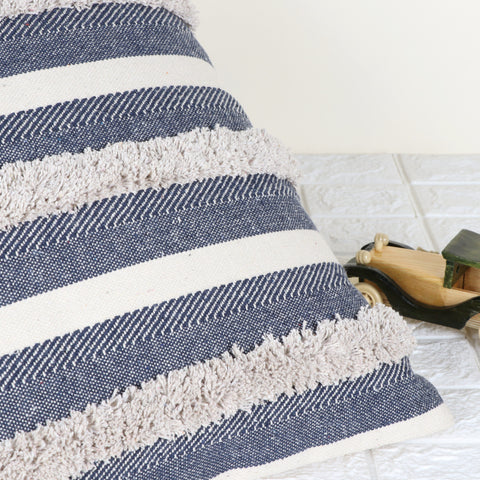 Tufted Texture Boho Blue and Off-White Fringe Cushion Cover