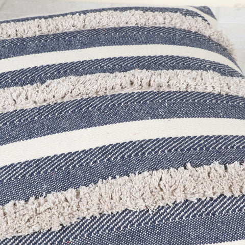 Tufted Texture Boho Blue and Off-White Fringe Cushion Cover