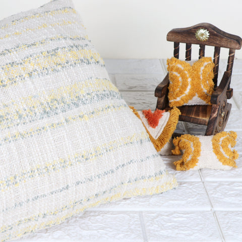 Hand Loom Woven Texture Boho Off-White and Yellow Fringe Cushion Cover