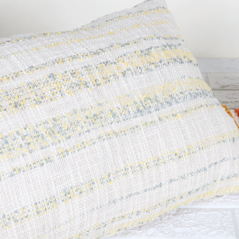 Hand Loom Woven Texture Boho Off-White and Yellow Fringe Cushion Cover