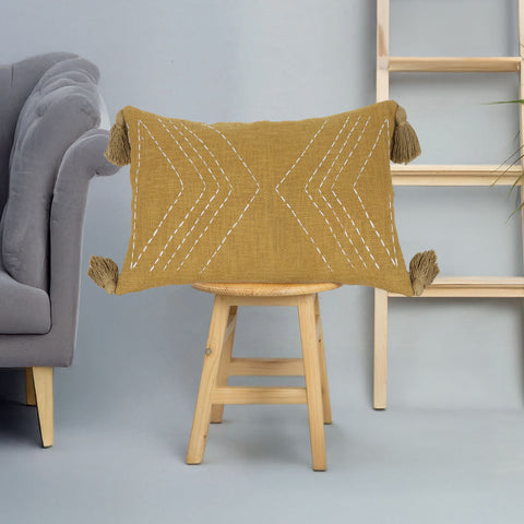 Hand Kantha Texture Boho Mustard Yellow and Off-White Cushion Cover