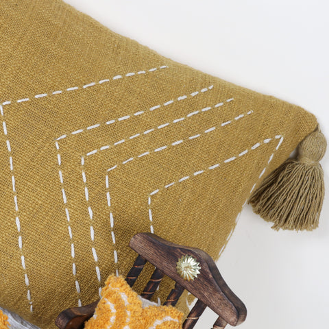 Hand Kantha Texture Boho Mustard Yellow and Off-White Cushion Cover