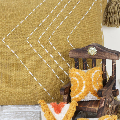 Hand Kantha Texture Boho Mustard Yellow and Off-White Cushion Cover