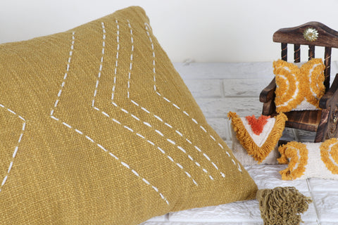 Hand Kantha Texture Boho Mustard Yellow and Off-White Cushion Cover
