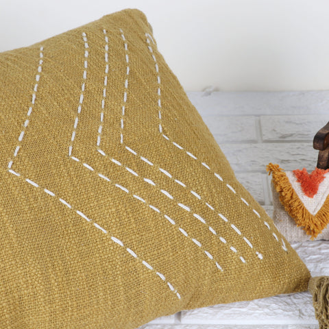Hand Kantha Texture Boho Mustard Yellow and Off-White Cushion Cover