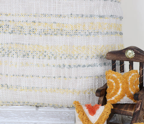 Set Of 2 Hand Loom Woven Texture Boho Off-White Yellow Fringe Cushion Cover