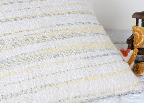 Set Of 2 Hand Loom Woven Texture Boho Off-White Yellow Fringe Cushion Cover