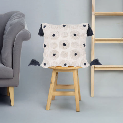 Hand Tufted Texture Boho Ivory and Gray Pom-Pom Fringe Cushion Cover