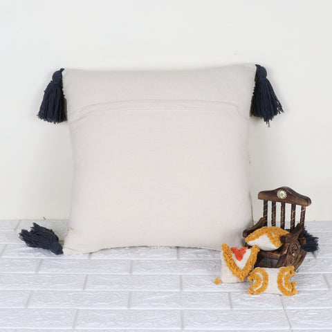 Set Of 2 Hand Tufted Texture Boho Ivory Gray Pom-Pom Fringe Cushion Cover