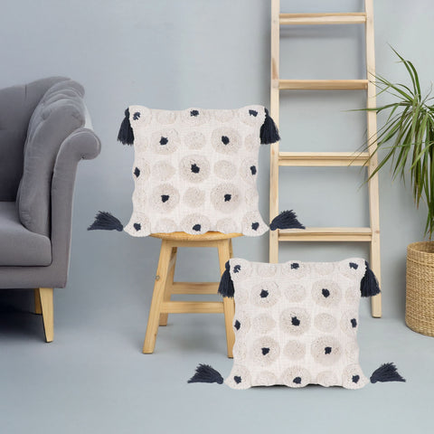 Set Of 2 Hand Tufted Texture Boho Ivory Gray Pom-Pom Fringe Cushion Cover