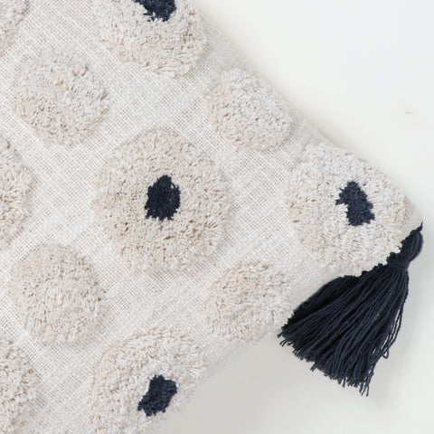 Set Of 2 Hand Tufted Texture Boho Ivory Gray Pom-Pom Fringe Cushion Cover