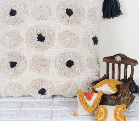 Hand Tufted Texture Boho Ivory and Gray Pom-Pom Fringe Cushion Cover