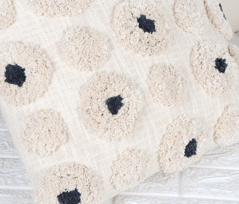Set Of 2 Hand Tufted Texture Boho Ivory Gray Pom-Pom Fringe Cushion Cover
