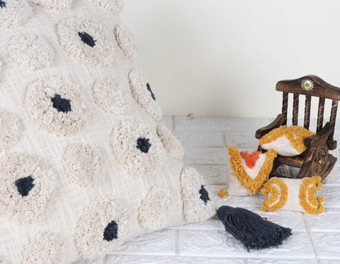 Set Of 2 Hand Tufted Texture Boho Ivory Gray Pom-Pom Fringe Cushion Cover