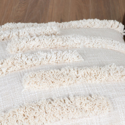 Hand Tufted Texture Boho Off-White and Ivory Fringe Cushion Cover