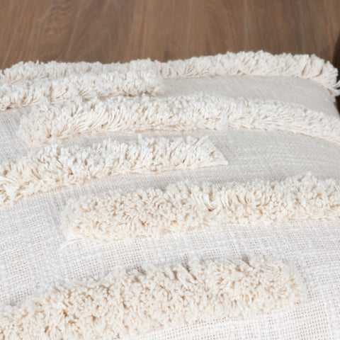 Set Of 2 Hand Tufted Texture Boho Off-White Ivory Fringe Cushion Cover