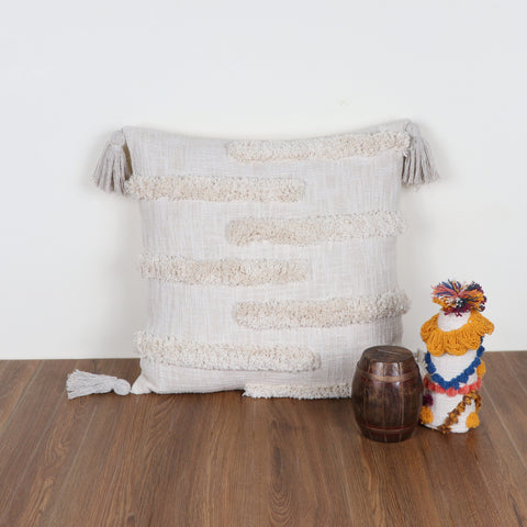 Set Of 2 Hand Tufted Texture Boho Off-White Ivory Fringe Cushion Cover