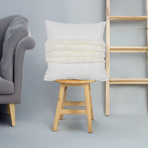 Set Of 2 Hand Tufted Texture Boho Off-White White Fringe Cushion Cover