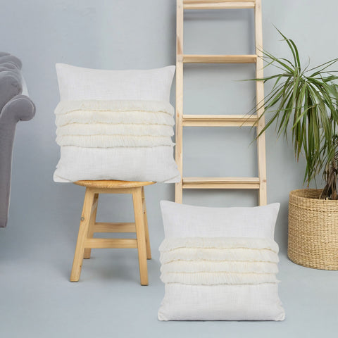 Set Of 2 Hand Tufted Texture Boho Off-White White Fringe Cushion Cover