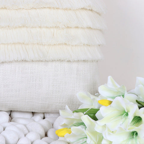 Set Of 2 Hand Tufted Texture Boho Off-White White Fringe Cushion Cover