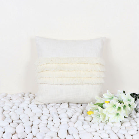 Hand Tufted Texture Boho Off-White and White Fringe Cushion Cover
