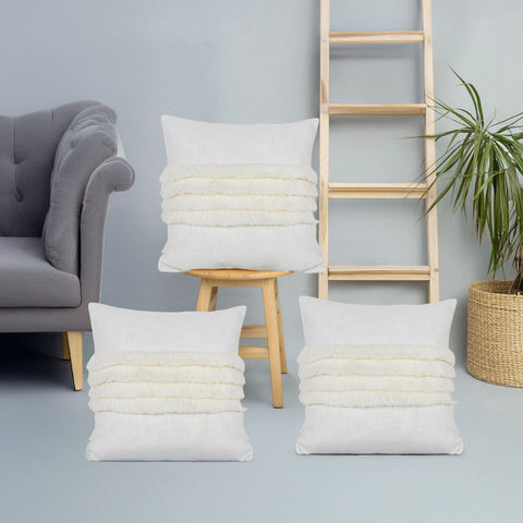 Set Of 3 Hand Tufted Texture Boho Off-White White Fringe Cushion Cover