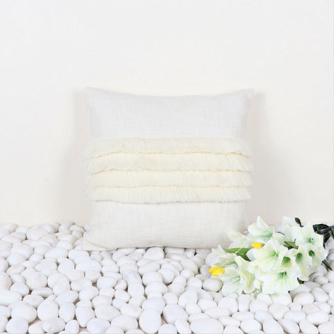 Set Of 2 Hand Tufted Texture Boho Off-White White Fringe Cushion Cover