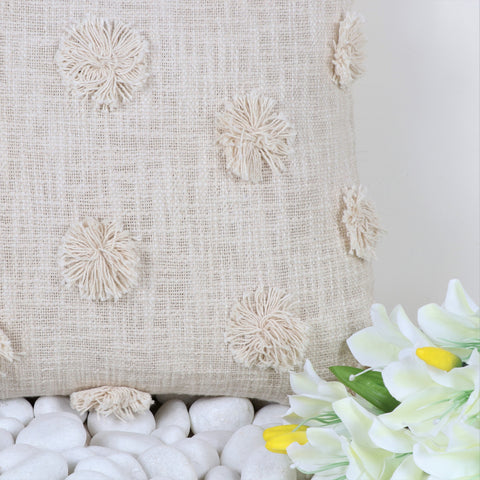 Hand Tufted Texture Boho Ivory Pom - Pom Fringe Cushion Cover