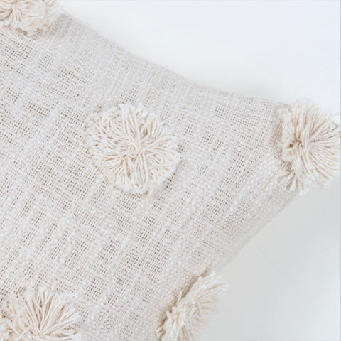 Hand Tufted Texture Boho Ivory Pom - Pom Fringe Cushion Cover