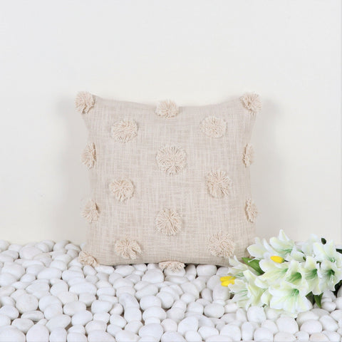 Set Of 3 Hand Tufted Texture Boho Ivory Pom - Pom Fringe Cushion Cover