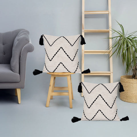 Set Of 2 Hand Tufted Texture Boho Ivory Black Stripe Cushion Cover