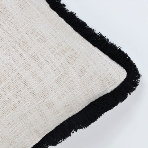 Hand Tufted Texture Boho Ivory and Black Fringe Cushion Cover
