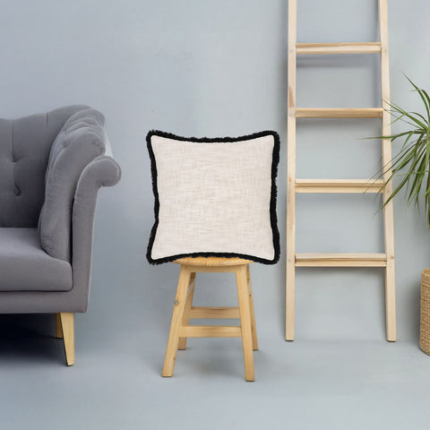 Set Of 2 Hand Tufted Texture Boho Ivory Black Fringe Cushion Cover